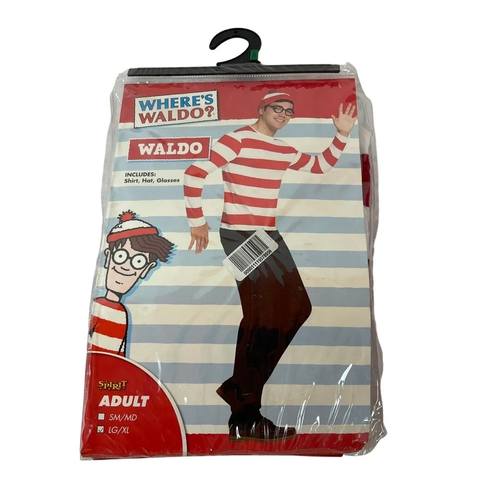 Where's Waldo‎ Adult Halloween Costume Sz L / XL Shirt Hat Glasses